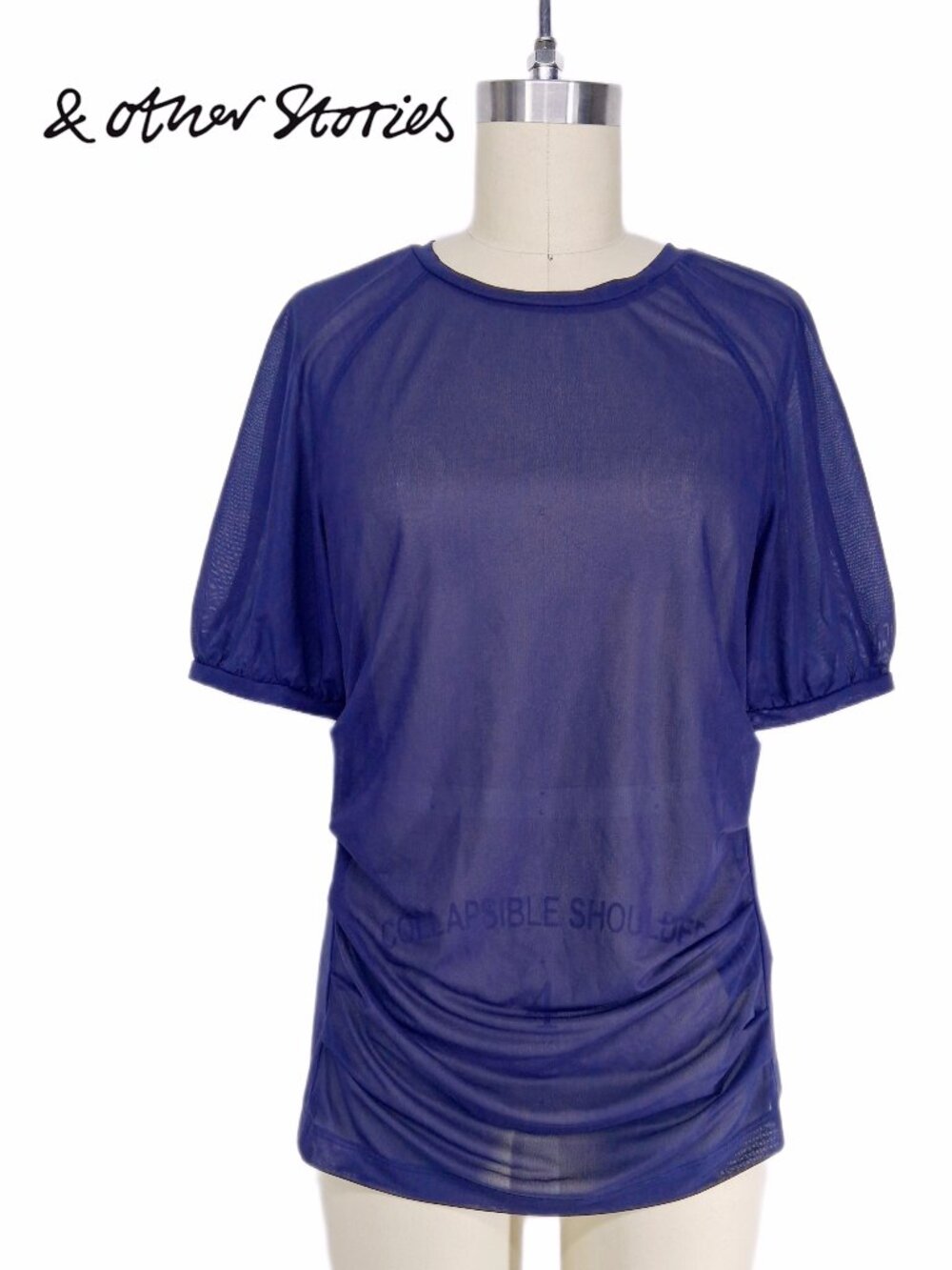 & Other Stories Sheer Mesh Top Indigo Blue Ruched Short Puff Sleeve Crew Neck 10